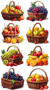 A collection of wicker baskets filled with various colorful fruits