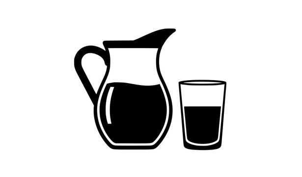 Pitcher with liquid and empty drinking glass silhouette black vector icon for beverage and culinary design