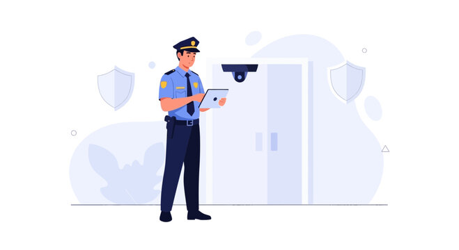 Security Guard with Tablet at Entrance with Surveillance Camera and Shields