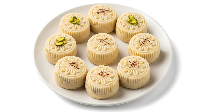 Top view of Sandesh or Bengali milk fudge sweets arranged in a circular pattern on a white plate with pistachio garnish. Authentic Indian dessert, perfect for Diwali or weddings. Clean minimalist food