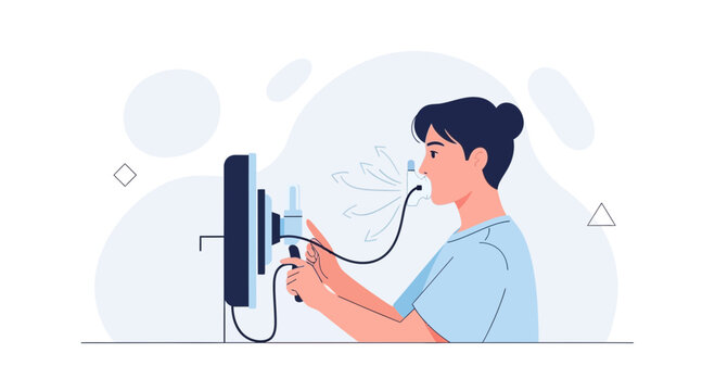 Woman performing lung function test with spirometer, medical examination concept