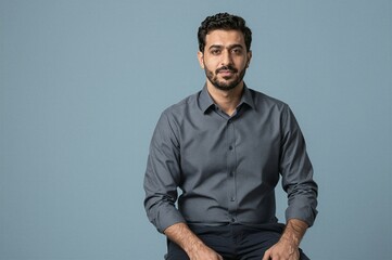 Obraz premium Young businessman sitting on stool in studio isolated on pastel background