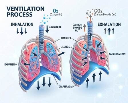 Diagram explaining the process of human respiration, detailing inhalation and exhalation