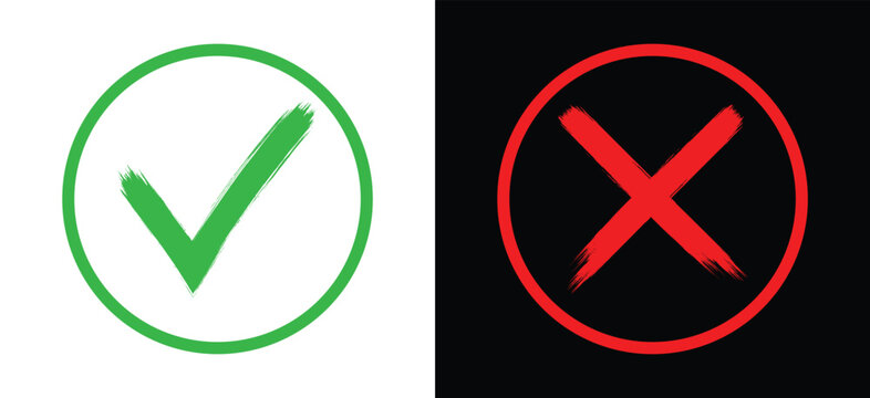Brush Stroke Checkmark And X Icon Set. Doodle Checkmark and Cross Icon Set. Tick and X Symbols in Circle and Square. Vector Illustration