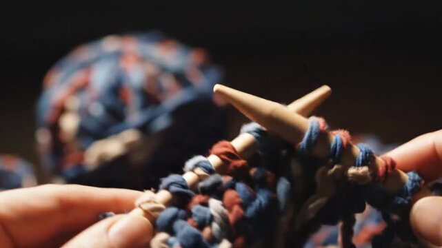 Close-up of hands knitting with colorful yarn and wooden needles, creating a textured fabric.