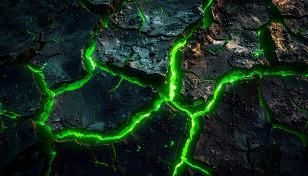 Dark Cracked Earth Background with Glowing Neon Green Luminous Fissures, Abstract Energetic Texture
