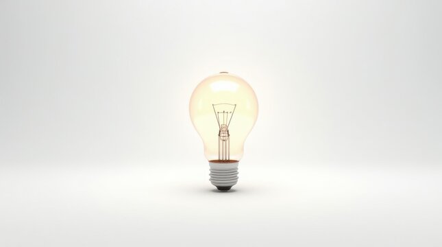A single glowing incandescent light bulb isolated against a clean and bright white background isolated on white background