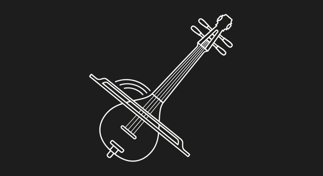 White outline of a Sarangi, a traditional Indian string instrument, on black background