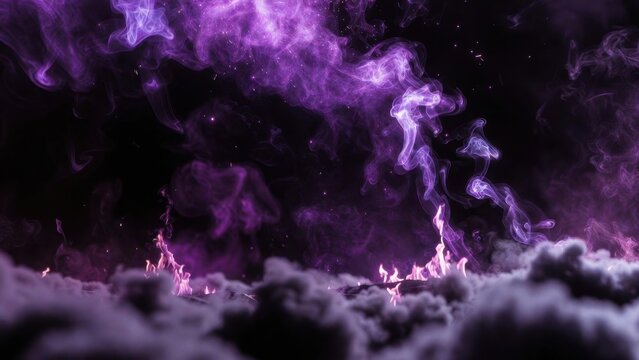 Purple smoke and small violet flames above dark cloud layers