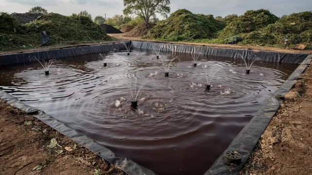 Medium shot of a lined pond filled with compost leachate under aeration illustrating sustainable runoff containment and natural treatment in green waste management.