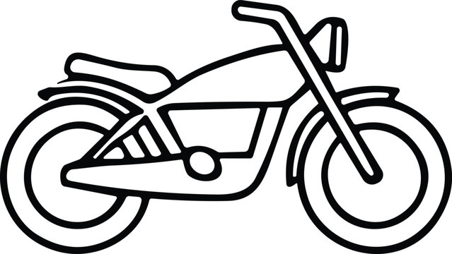 Side-view motorcycle icon with wheels, seat, handlebars, and engine for transport, recreation, and automotive design content