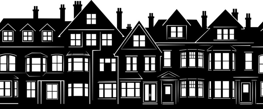 Traditional townhouse street silhouette, black row houses, victorian urban architecture, residential city neighborhood, building facade skyline, old european