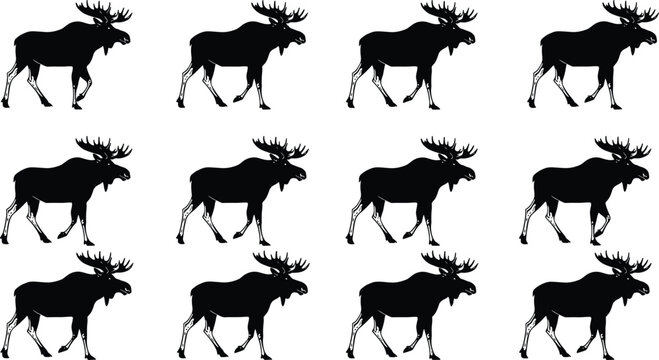 Set of identical black bull moose silhouettes with large antlers in a repeated grid pattern on a plain white background for design and decoration.