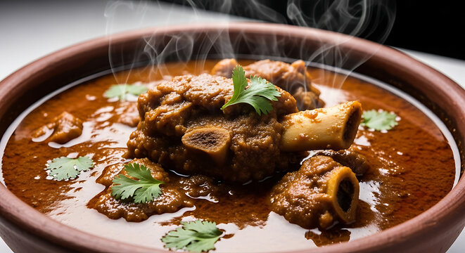 Steaming hot Mutton Paya or Lamb Trotters Soup served in a ceramic bowl. Spicy and aromatic goat leg curry garnished with fresh cilantro. Healthy and protein-rich traditional Asian meal, slow-cooked 