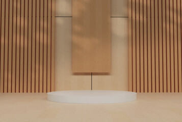 Escena minimalista con pedestal blanco central y fondo de madera simétrico. Iluminación suave con sombras de follaje para presentación de marca, joyería o belleza. © Guillermo