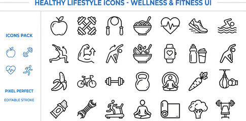 Plakat Outline vector icon set of healthy lifestyle, fitness and diet