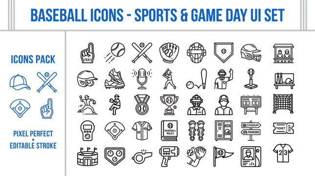 Outline vector icon set of sports equipment, competition and game day