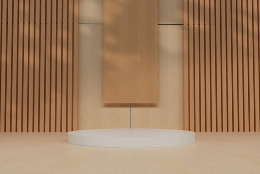 Escena minimalista con pedestal blanco central y fondo de madera sim&eacute;trico. Iluminaci&oacute;n suave con sombras de follaje para presentaci&oacute;n de marca, joyer&iacute;a o belleza.