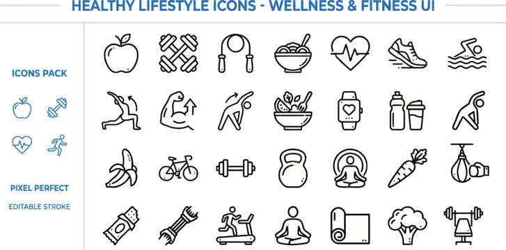Outline vector icon set of healthy lifestyle, fitness and diet