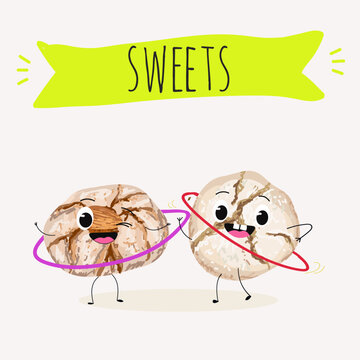 Funny Characters amaretti italy dessert, hand drawn vector illustration.