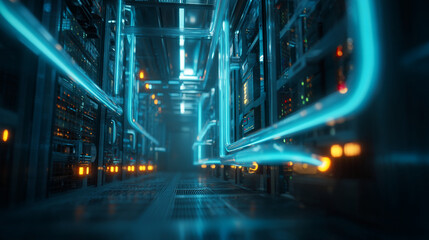 Fototapeta premium Futuristic server room hallway with glowing blue pipes and servers.