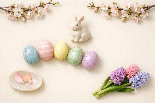 Pastel Easter eggs with blossom branches on spring table setting