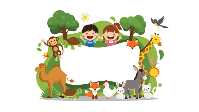 Vibrant and cheerful border frame featuring happy children and a variety of friendly animals in a lush green natural environment.