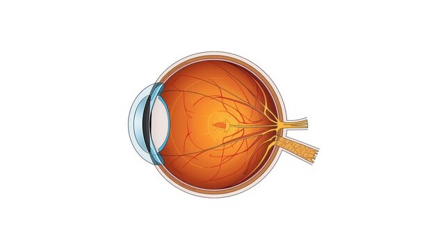 Human eye anatomy cross section, medical illustration of eyeball internal structure, detailed retina and optic nerve diagram on white background