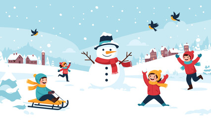 Naklejka premium Delightful winter landscape scene with a cheerful snowman and happy children playing in the snow, enjoying various winter activities.