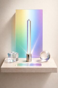 Crystal rod with rainbow acrylic panel on minimal refraction shelf