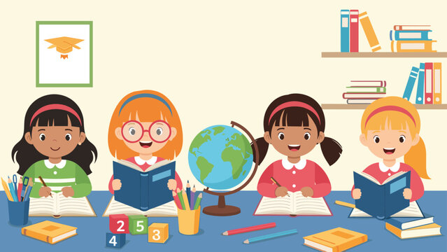 Group of diligent and happy girls actively studying in a bright classroom, surrounded by books, a globe, and school supplies.