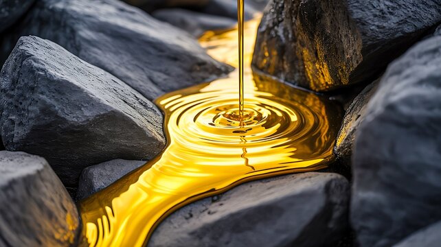 Golden liquid flowing between rocks representing natural resource and luxury concept