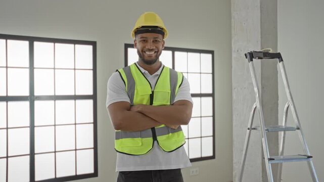 Man architect tipping yellow hardhat and smiling with arm across chest beside ladder inside a building; confidence expertise.