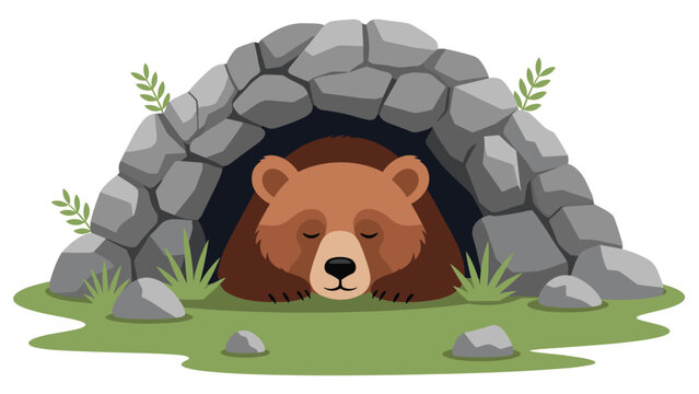 A sleeping brown bear nestled comfortably in a stone den or cave, surrounded by grass and leaves, depicting hibernation or peaceful rest.