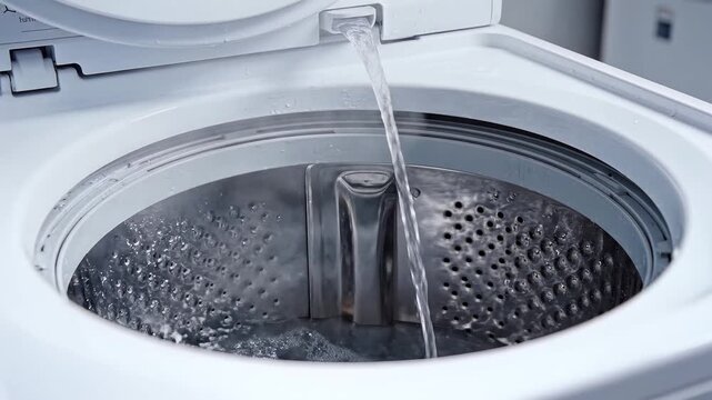 Closeup of water filling a toploading washing machine drum.