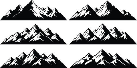 Fototapeta premium Stylized mountain range silhouettes with jagged peaks and snowy highlights, symbolizing wilderness, adventure, landscape diversity, and outdoor nature illustration for design and branding.