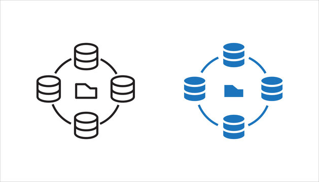 Distributed database network with file sharing line icon. Outline symbol representing decentralized storage, data synchronization, and distributed systems.