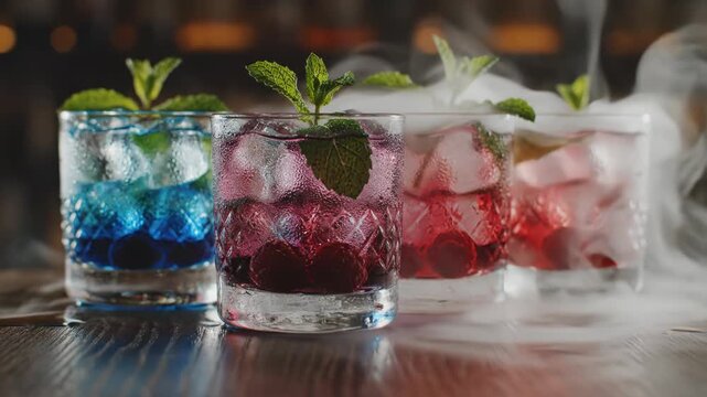 Four vibrant colorful cocktails with mint garnish on bar