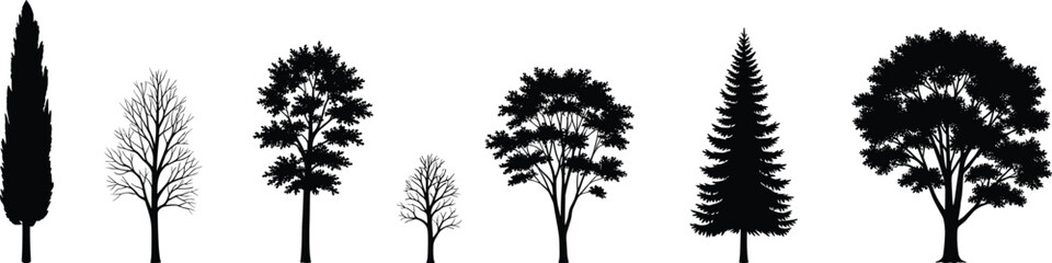 Fototapeta premium Variety of tree silhouettes including conifer, deciduous, and seasonal forms, symbolizing diversity in nature, forest landscape, and botanical illustration for design use.