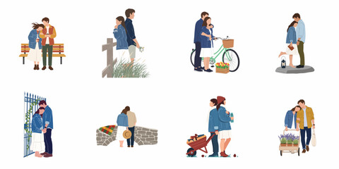 Fototapeta premium Collection of flat vector illustrations showing a romantic couple in various scenic outdoor settings, highlighting love, intimacy, and seasonal activities together.