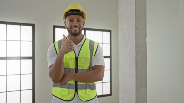 Man in yellow hardhat and neon safety vest gives thumbs up with one hand and arm crossed, smiling inside building under construction; confidence professionalism.
