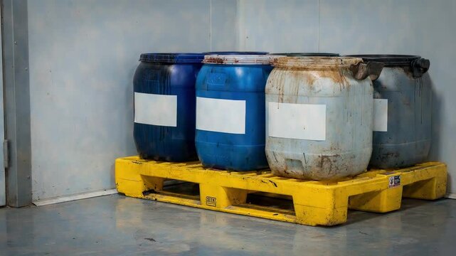 Medium shot of an ink waste handling corner showcasing neatly labeled containers for sludge and rags with spill pallets underneath emphasizing organized hazardous material storage.