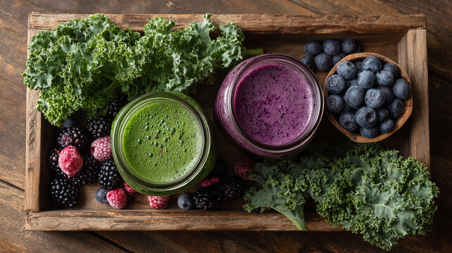 Two nutrient-rich smoothies with fresh berries and greens in a wooden tray.