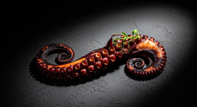 A close up of an octopus tentacle on a plate