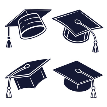Graduation cap vector icons set, academic mortarboard hats with tassels, black and white university commencement symbols for education design