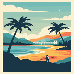 Obraz premium Serene Tropical Beach Scene with Palm Trees and Surfer