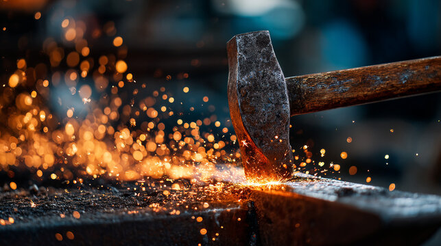 A close-up of a hammer striking a glowing piece of hot metal on an anvil in a workshop