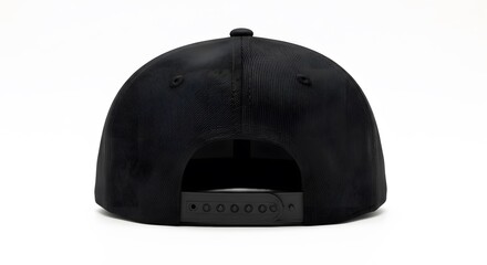 Fototapeta premium Back View of a Black Baseball Cap with Adjustable Snapback Closure Isolated on White