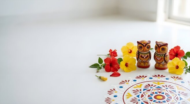 Bengali New Year Background with Traditional Clay Owl Figurines, Hibiscus Flowers, and White Alpona Design on Marble Surface