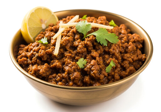 Spicy Mutton Keema or Minced Meat Curry served in a copper bowl garnished with Ginger, Cilantro, and Lemon. Traditional Indian meat dish served as a side or main course, rich in spices and protein
